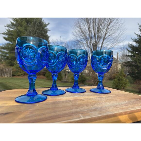 Vintage Fenton Red-Cliff Knobby Bulls Eye 6.75” Blue Goblets 8 Oz ~Set of 4